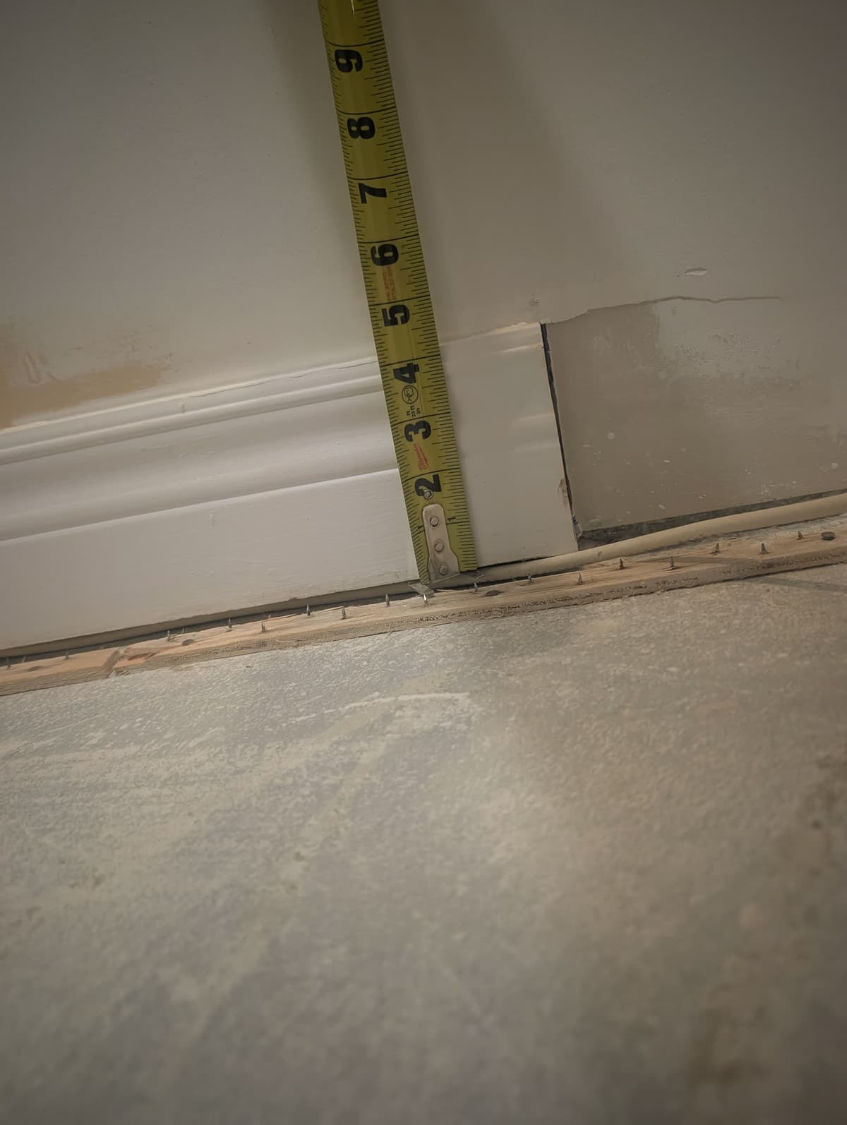 A tape measure recording the height water reached on a wall